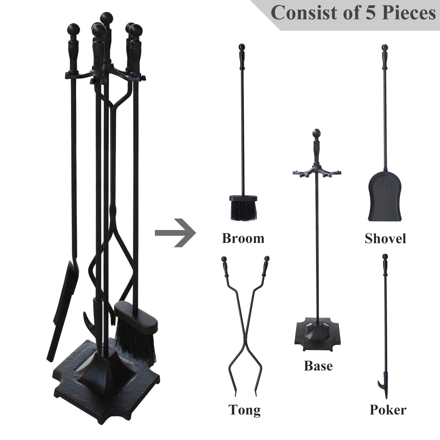 5-Piece Wrought Iron Fireplace Tool Set - Black Fire Pit Poker, Log Tongs & Holder Kit for Wood Stove - Perfect for Indoor Fireplaces, Outdoor Fire Pits & Camping