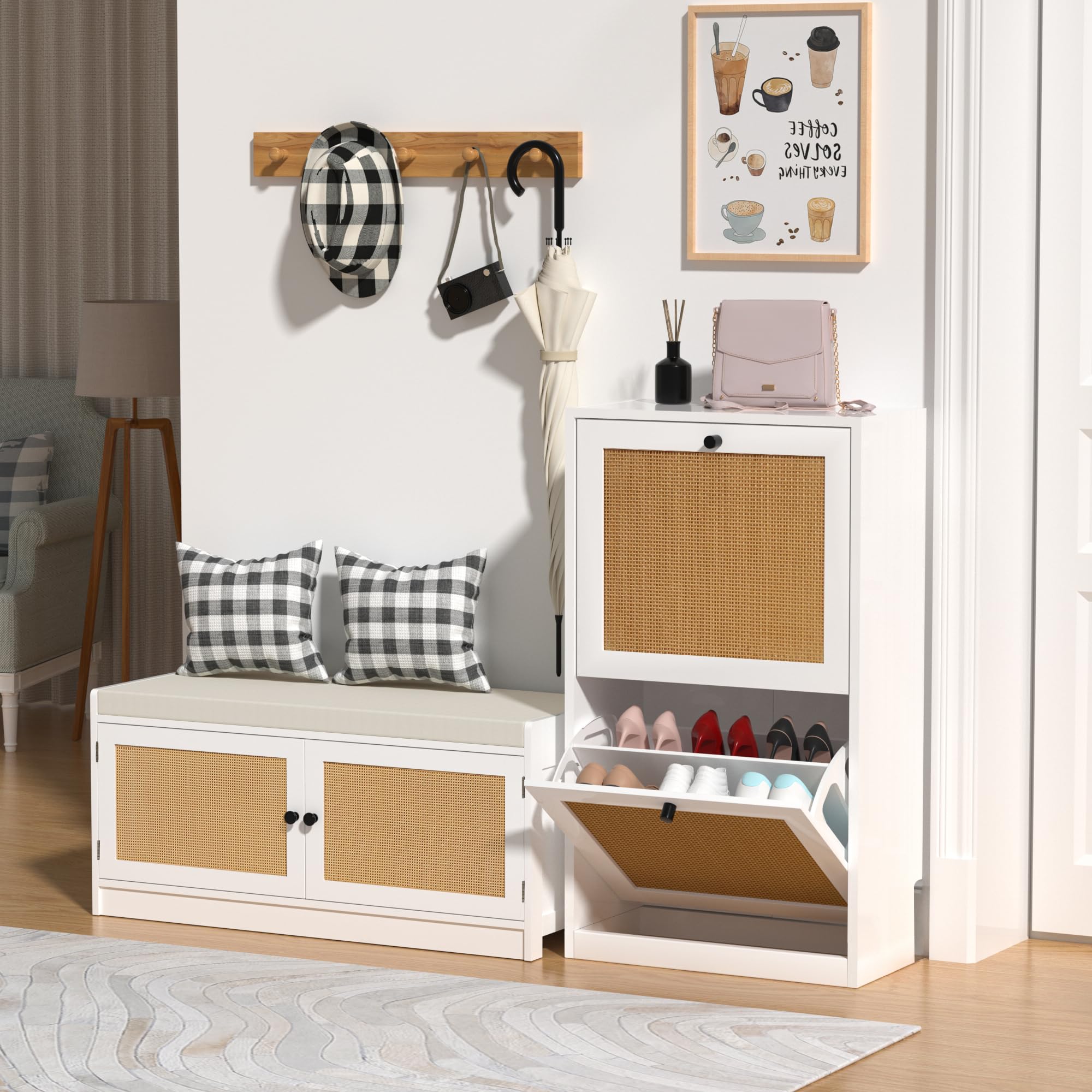 Anmytek White Rattan Shoe Cabinet - 2-Tier Wooden Shoe Rack with 2 Flip Drawers, Entryway Storage Organizer for Hallway, Living Room & Bedroom (Model S0002) - Perfect for Small Spaces, Apartment Entryways & Shoe Organization