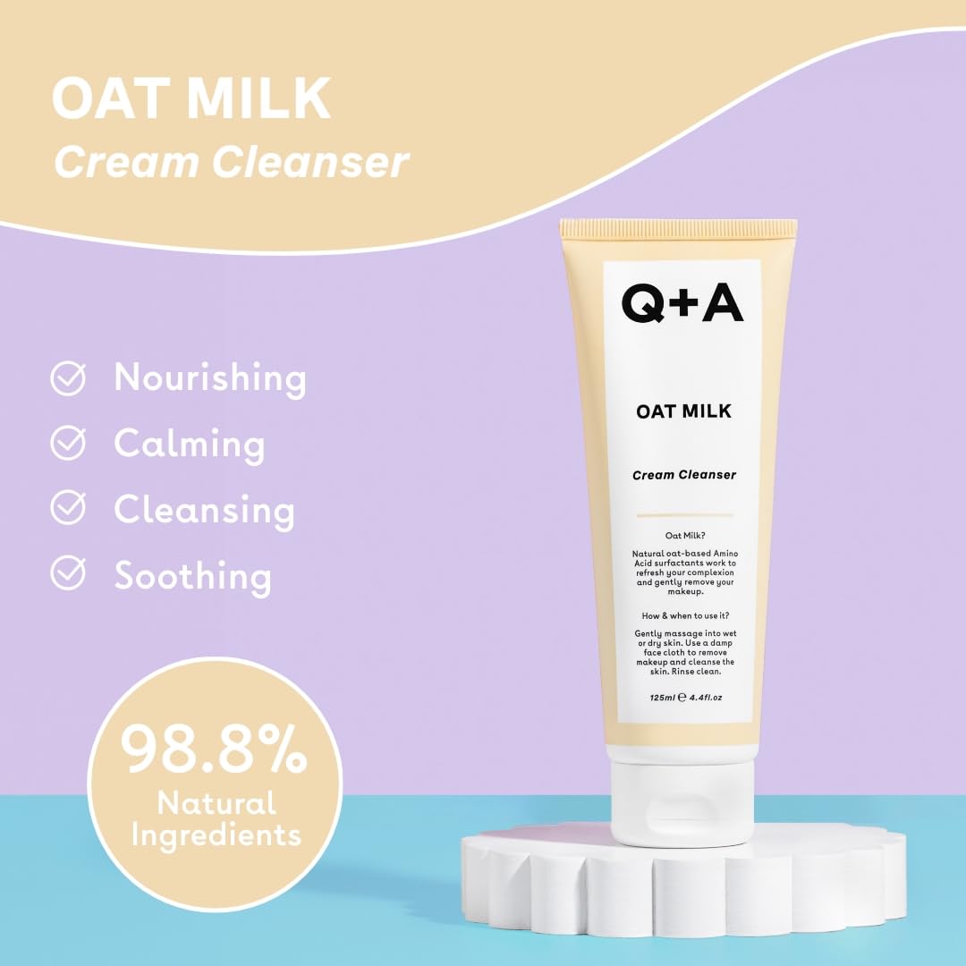 **Q+A Oat Milk Cream Cleanser - Gentle Makeup Remover & Hydrating Face Wash with Organic Oat Milk & Oat Seed Oil | Soothes & Nourishes Skin | Perfect for Daily Cleansing & Sensitive Skin Care (125ml)**