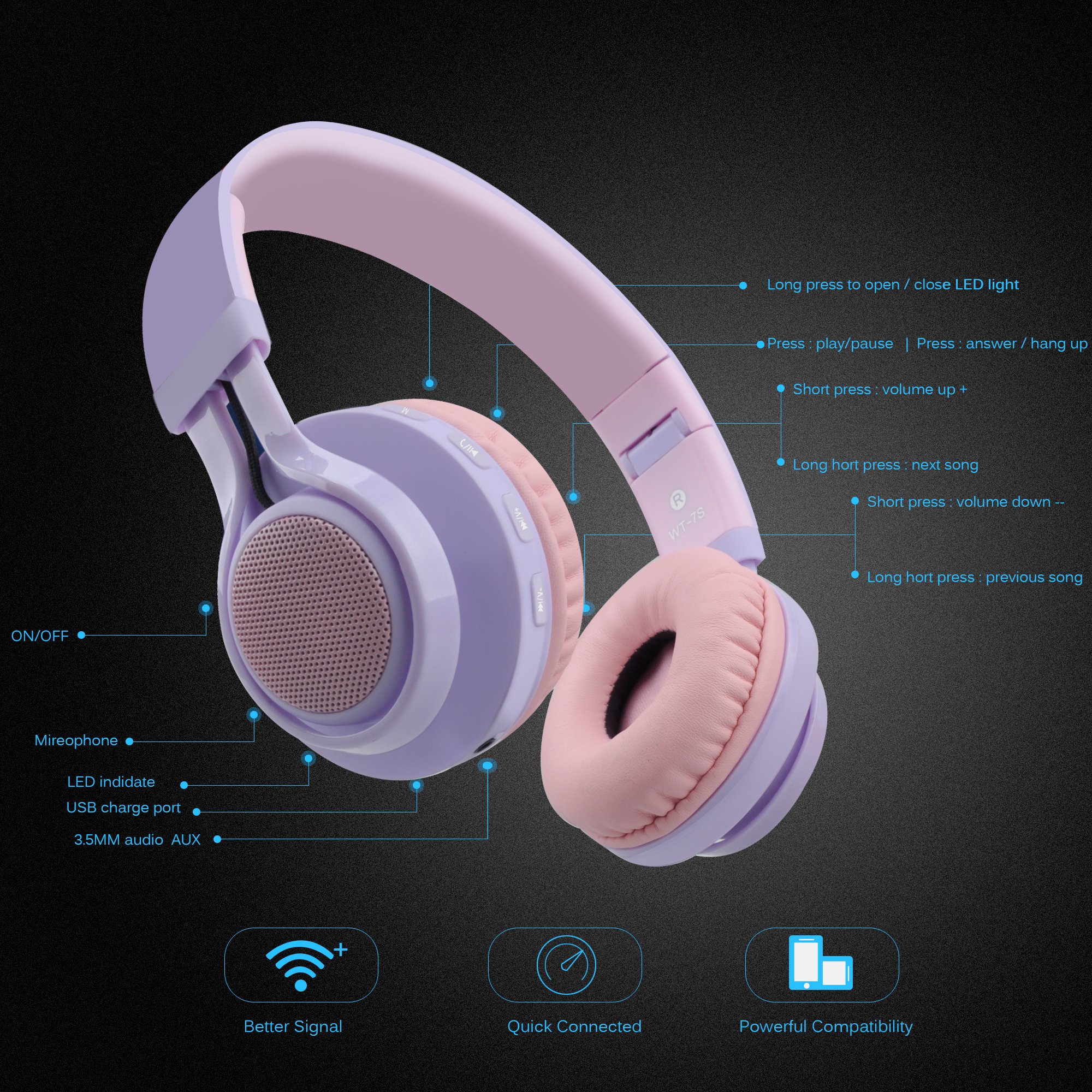 Riwbox WT-7S Kids Bluetooth Headphones with LED Lights - Foldable Wireless Headphones with Built-in Mic & Volume Control for Children - Compatible with PC, Tablet, TV - Perfect for School, Travel & Home Use