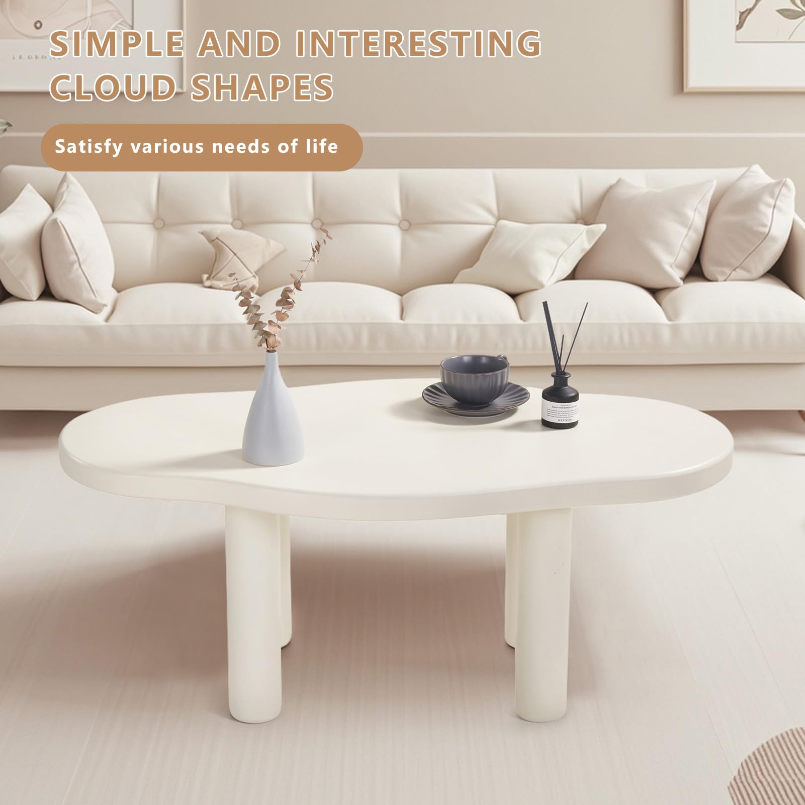 MAXYOYO White Cloud Coffee Table - Unique Irregular Shape with 4 Sturdy Legs | Modern Living Room Centerpiece for Small Spaces & Cozy Home Decor
