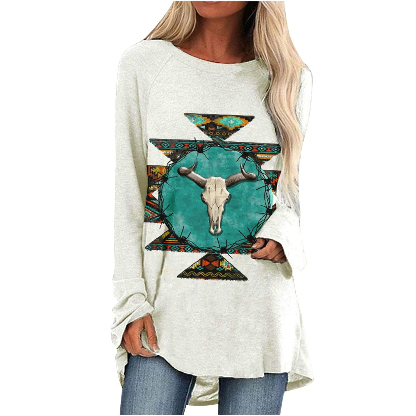 Wirziis Women's Long Sleeve T-Shirt - Dressy Casual Ethnic Print Crewneck Flowy Blouse, Loose Vintage Tunic Top for Leggings | Perfect for Work, Date Night & Boho Outfits