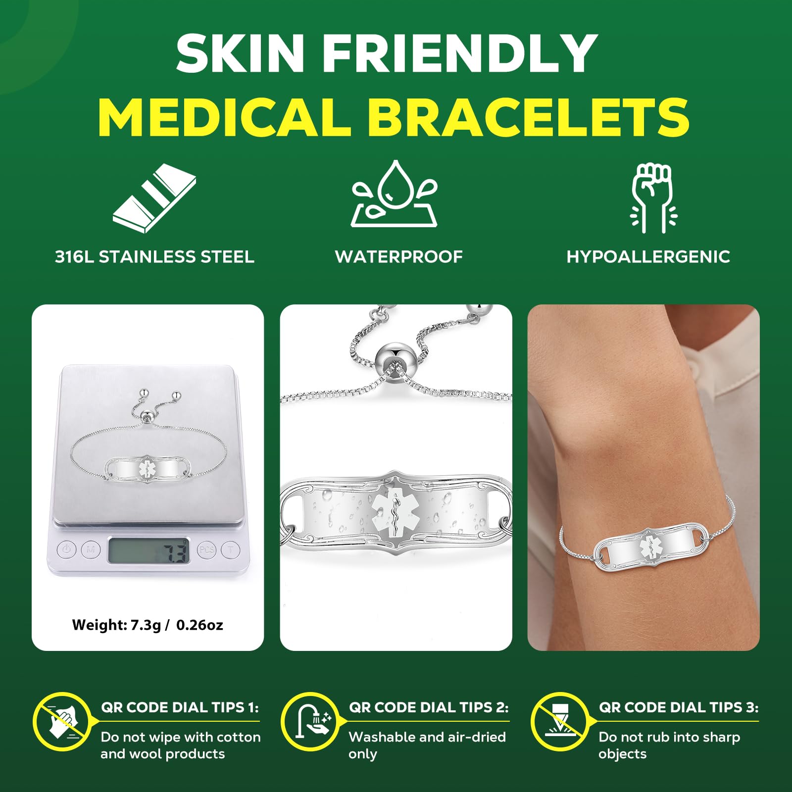 Upgraded QR Code Medical ID Bracelet for Women - Adjustable 7-9 Inch Sterling Silver Chain Link with Large Emergency Info Space - Perfect for Allergies, Diabetes & Emergency Medical Situations
