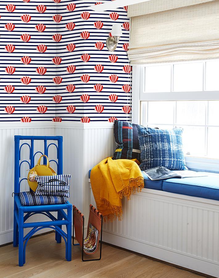 Clare V. 'Lotus Stripe' Navy Blue Wallpaper - Premium Peel & Stick Wallpaper for Living Room, Bedroom, or Office Decor