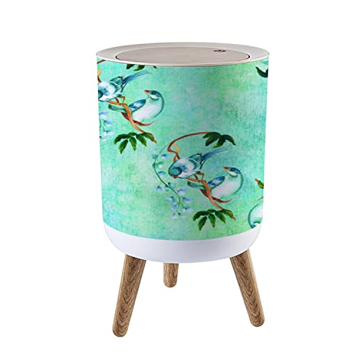 7L Round Small Trash Can with Lid - Teal Blue Watercolor Birds & Flowers Design - Elastic Press Cover Wastebasket for Kitchen, Bathroom, Office (1.8 Gallon) | Perfect for Home Decor, Waste Disposal & Small Spaces
