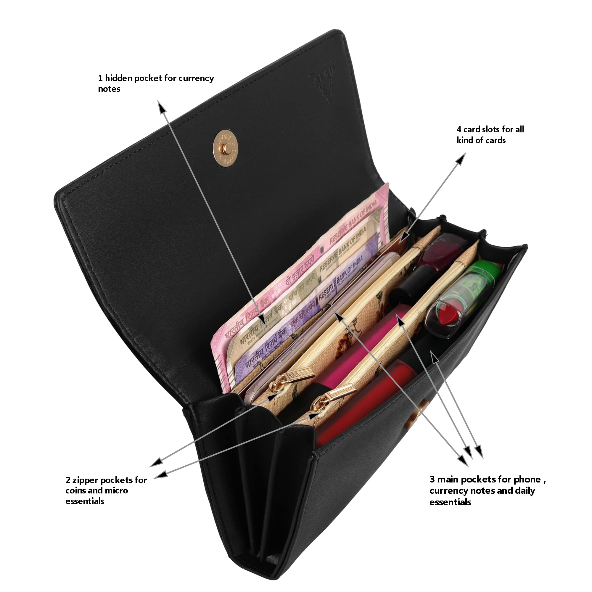 ALSU Women's Black Leather Wallet & Hand Clutch Purse with 4 Card Slots - RFID Blocking, Slim Design for Everyday Use, Parties & Travel | Model ARF-003BK