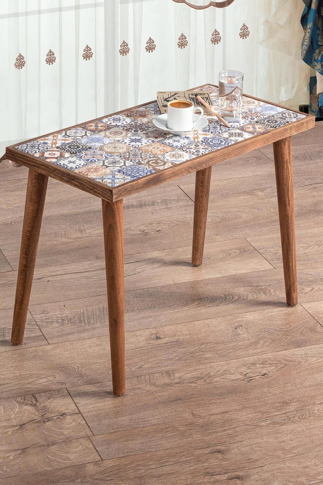 Comfyt Rustic Wood Coffee Table with Ceramic Tile Top - Nesting Side Table, End Table, Nightstand - Mexican Tile Accent Table for Living Room, Bedroom & Home Decor