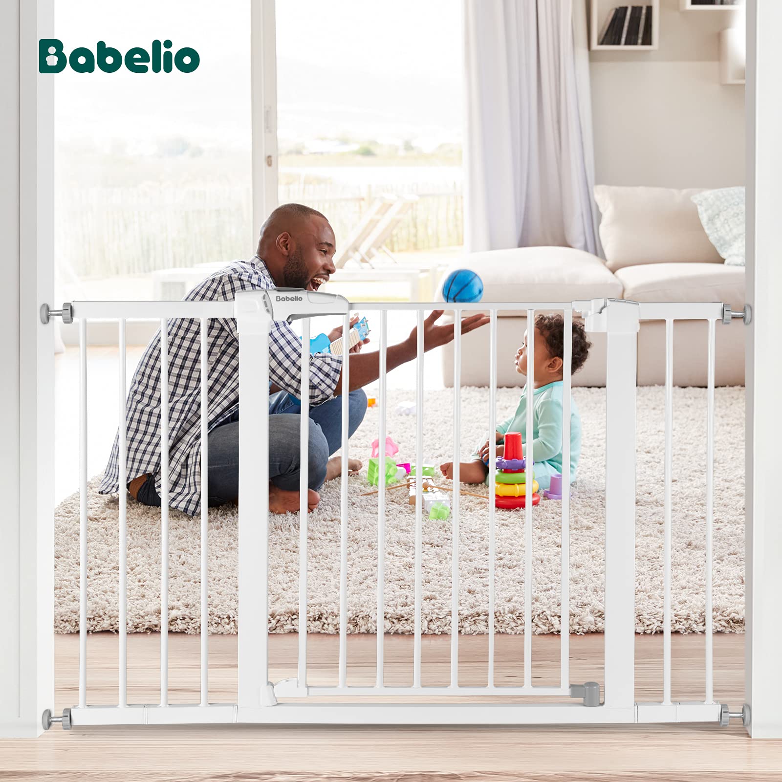 BABELIO 29''-48'' Auto Close Extra Wide Metal Baby & Dog Gate - Pressure Mounted Pet Barrier for Stairs, Doorways & Hallways - No Tools Needed, No Drilling Required with Wall Cups - Perfect for Child Safety & Pet Containment in Homes & Apartments