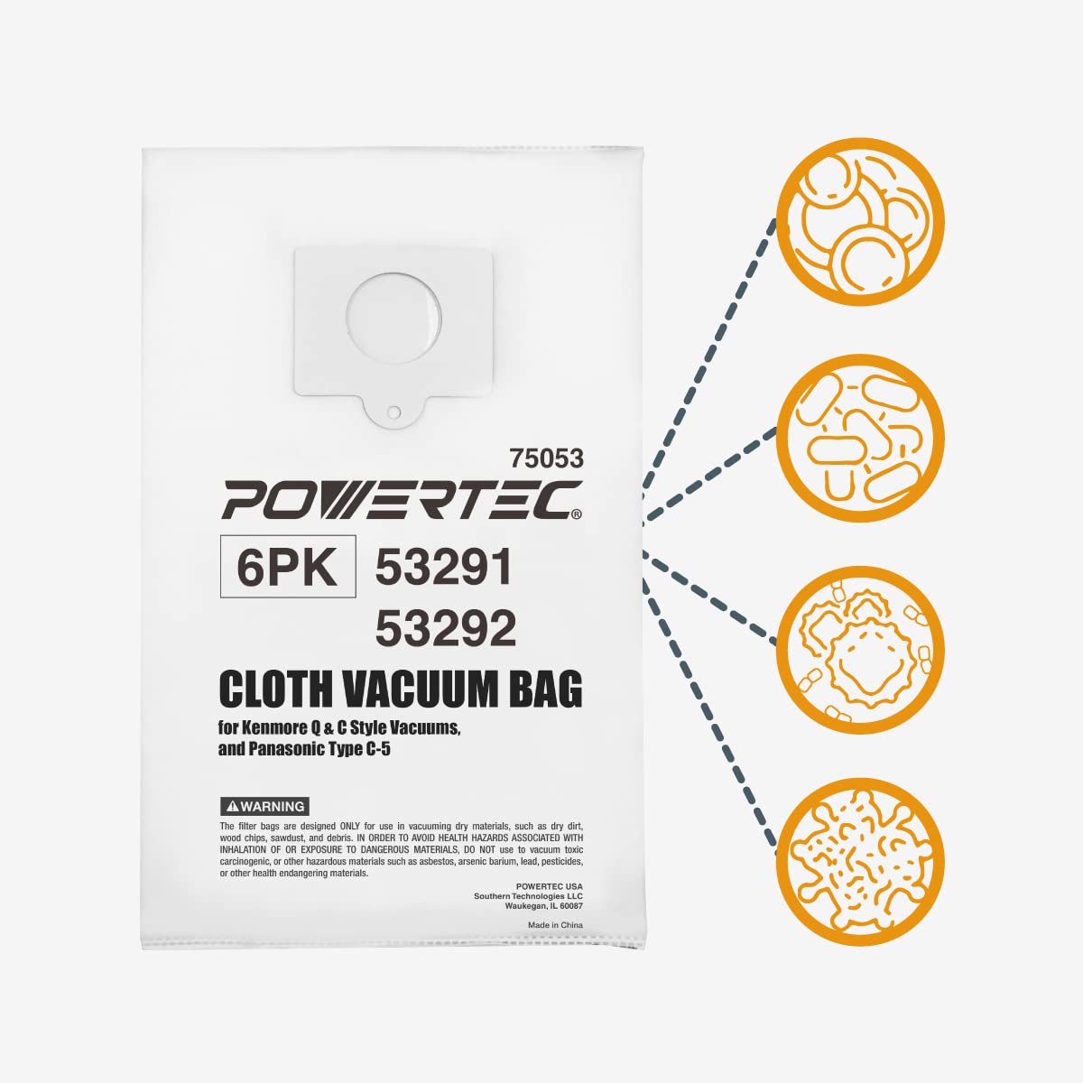 POWERTEC 5055, 50557, 50558 Vacuum Bags 6PK - Compatible with Kenmore 53291/53292, Panasonic Style C/Q, Type C-5/C-18/C-19 Models - Replacement Canister Vacuum Cleaner Bags (75053) - Ideal for Home Cleaning, Pet Hair Removal & Allergen Reduction