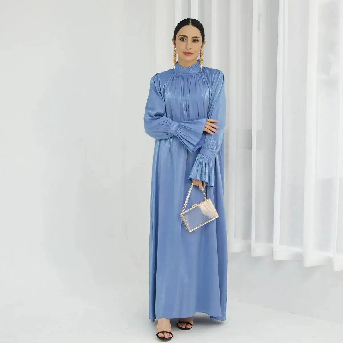 Elegant Bell Sleeve Gleam Shiny Abaya Dress for Women - Modest Islamic Fashion for Parties, Weddings & Special Occasions
