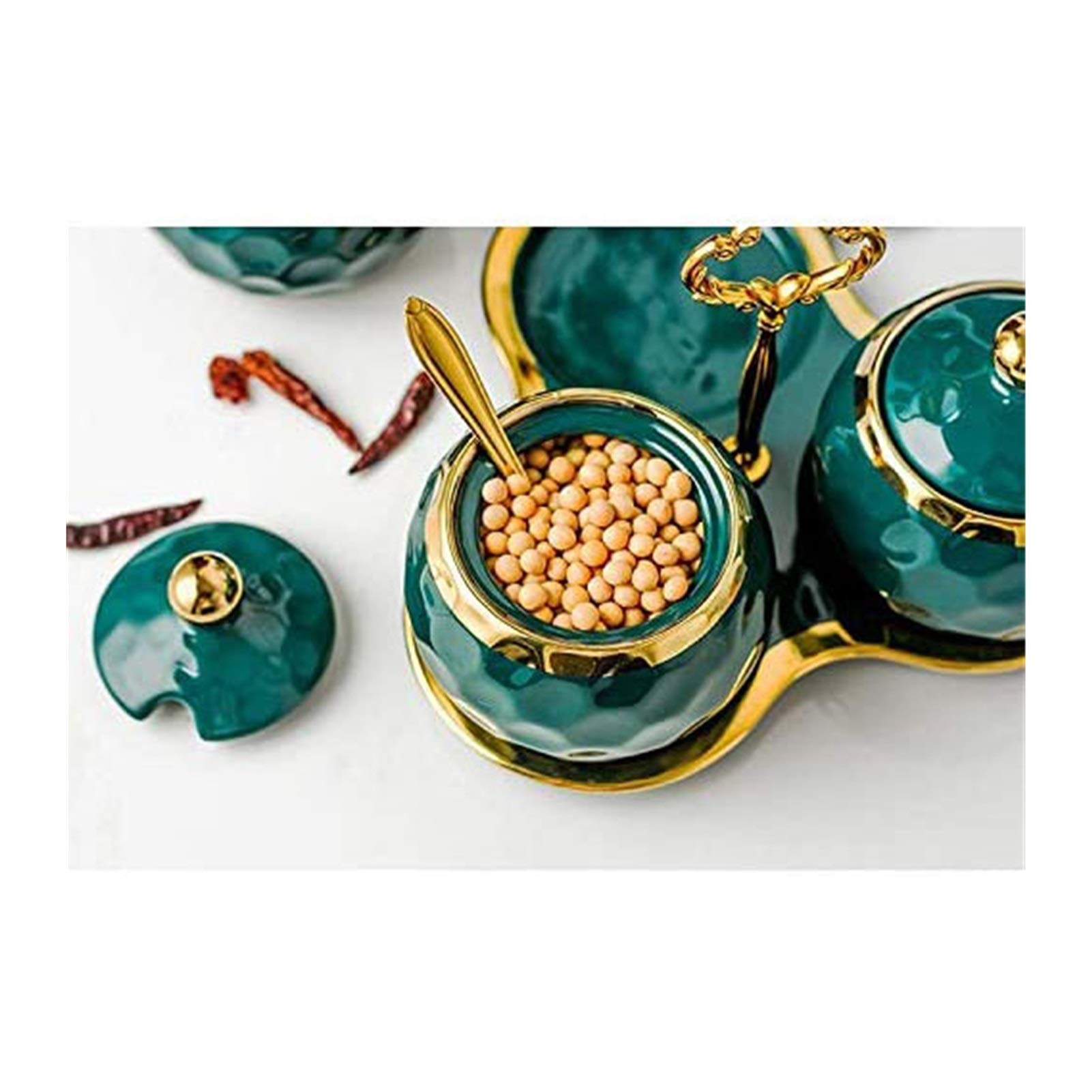 3PCS Ceramic Condiment Pots with Lids & Spoons - Spice Jars, Sugar Bowls, Salt & Pepper Containers - Elegant Serving Tray for Kitchen, Dining Table & Housewarming Gifts (Color A)