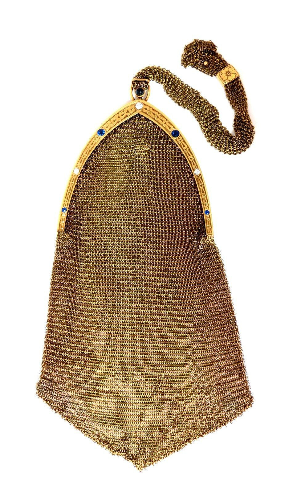 14K Gold Vintage Ladies Purse with 1.00ct Sapphire & Diamonds - Flexible Mesh Strap Handle - Elegant Evening Bag for Parties, Weddings & Special Occasions