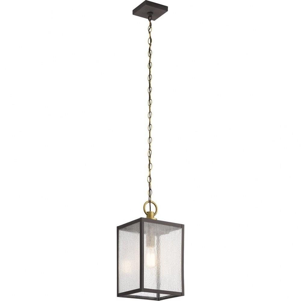 Farmhouse Square Pendant Light Fixture with Clear Seeded Glass & Weathered Zinc Finish - Vintage Industrial Ceiling Light for Kitchen Island, Dining Room, or Entryway