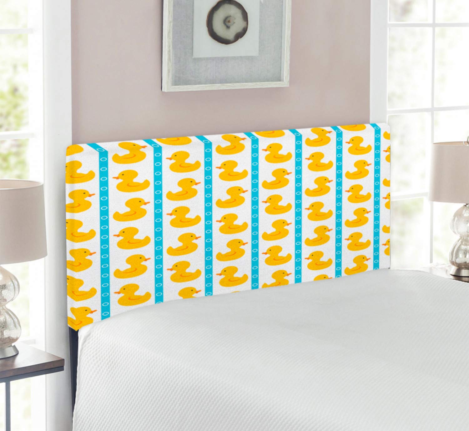 Ambesonne Rubber Duck Headboard - Twin Size White Upholstered Metal Bed Frame with Memory Foam, Playful Duckies on Stripes & Circles Pattern - Perfect for Kids' Bedroom, Nursery Decor or Whimsical Home Design