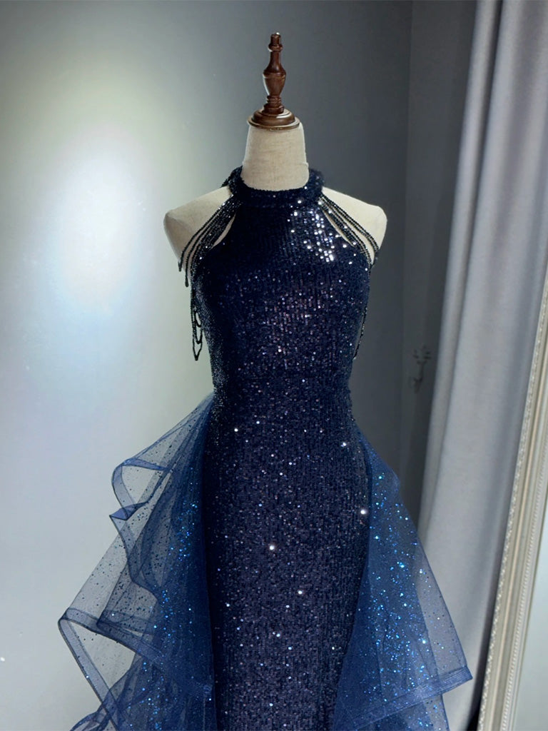 Elegant Dark Blue A-Line Tulle Sequin Long Prom Dress - Formal Evening Gown for Homecoming, Ball, and Special Occasions