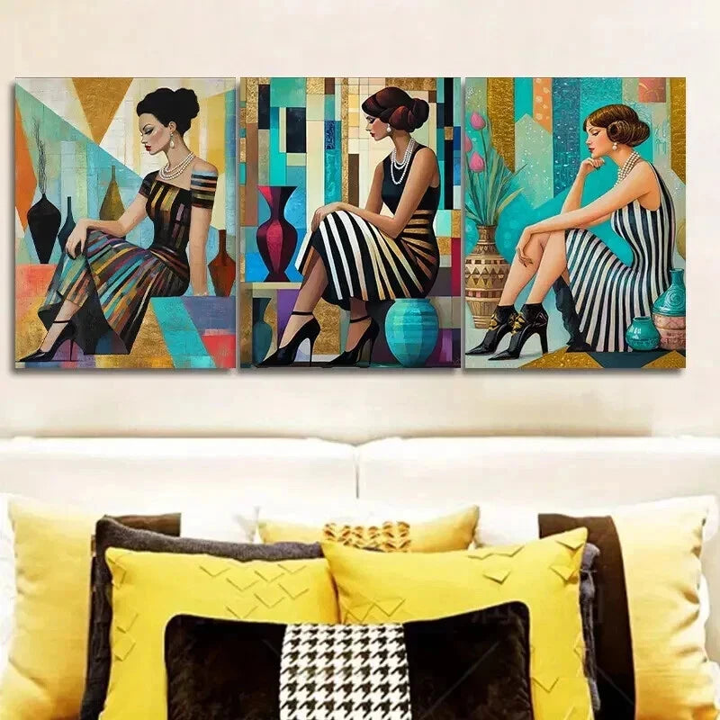 3-Piece Retro Fashion Girl Wall Art Canvas Framed Set - 50x70cm High Quality Print - 100% Australian Made - Ready to Hang - Perfect for Living Room, Bedroom & Office Decor