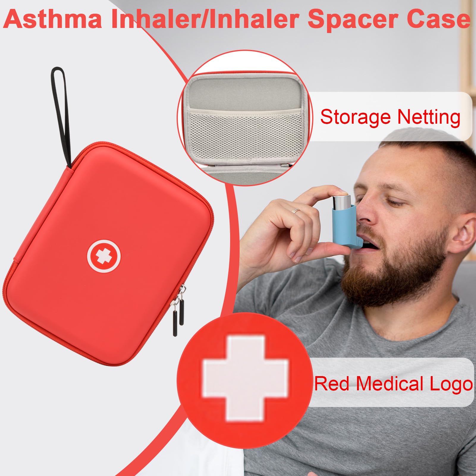 Portable Asthma Inhaler Travel Case for Kids & Adults - Durable Hard Shell with Mesh Pocket for Medicine & Accessories - Ideal for Travel, School & Daily Use (Red, Case Only)