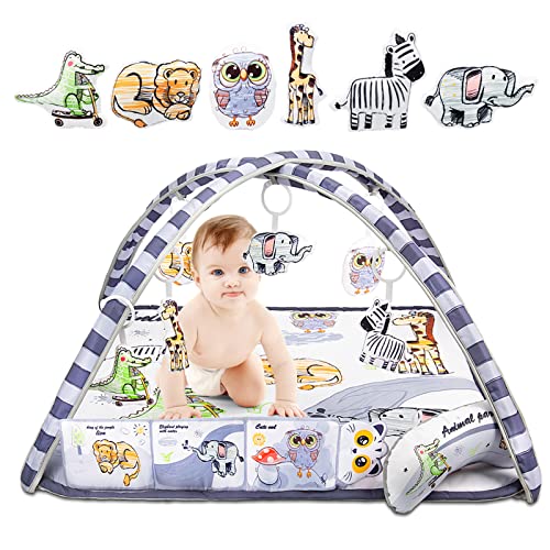 8-in-1 Baby Gym Play Mat for Newborns 0-6 Months with Tummy Time Pillow, 6 Sensory Toys & Cloth Book – Early Development Floor Mat for Infants & Toddlers, Perfect for Nursery, Playtime & Sensory Exploration