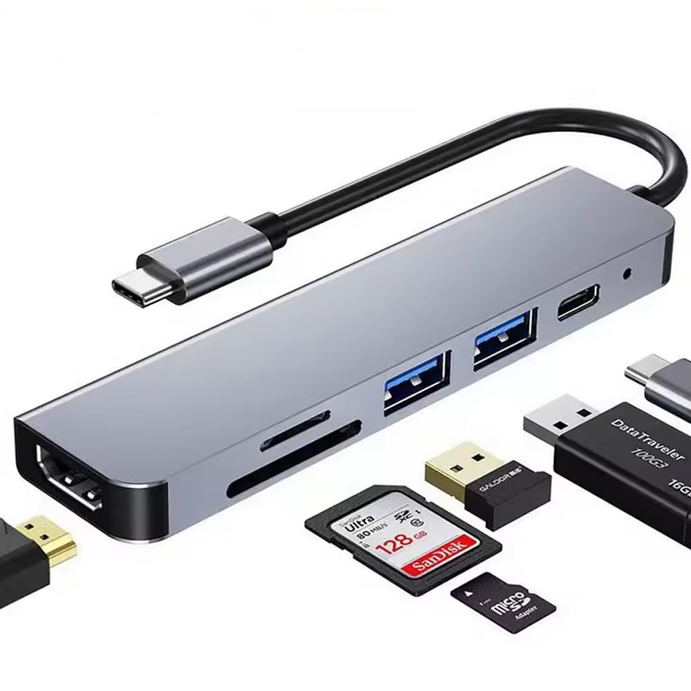PONICOR 6-in-1 USB C Hub with HDMI 4K, 100W PD Charging, SD/TF Card Reader, USB 3.0/2.0 Ports - USB C Adapter for MacBook Pro/Air, Dell XPS, HP, Chromebook - Perfect for Home Office, Travel & Multi-Screen Setup