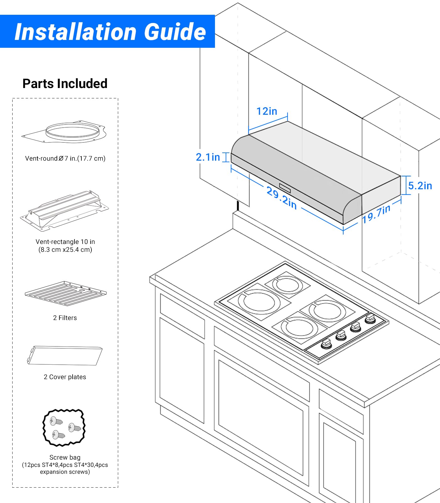 AAOBOSI 30 Inch Under Cabinet Range Hood with Wi-Fi - 3 Ventilation Modes, App & Touch Control, Ultra Quiet Operation, 3-Speed Exhaust Fan, LED Lights & Baffle Filters - Perfect for Modern Kitchens & Open-Concept Homes