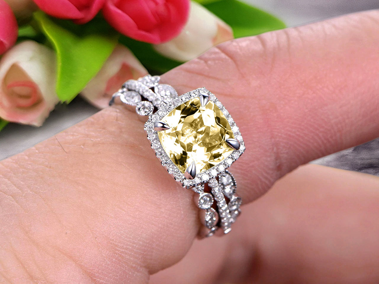 2 Carat Cushion Cut Champagne Moissanite Engagement Ring & Wedding Band Set in 10k White Gold, Art Deco Style Full Eternity Rings - Perfect for Proposals, Anniversaries & Bridal Jewelry Gifts