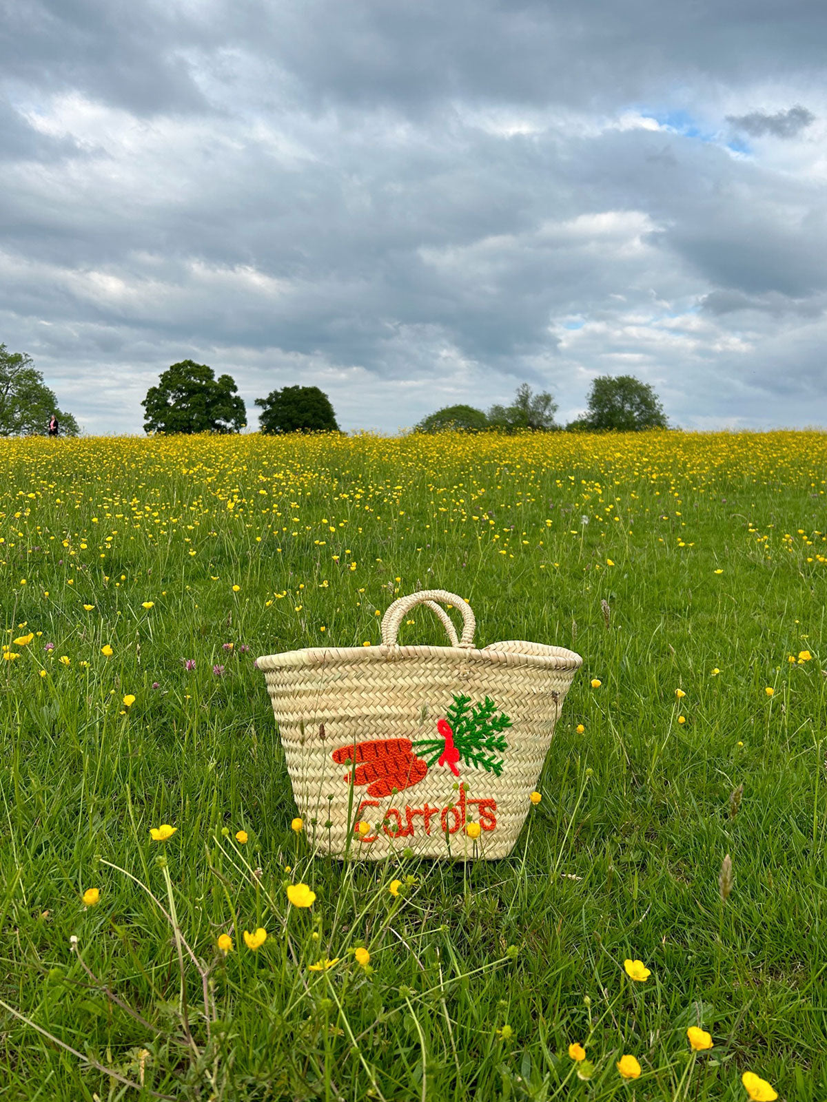 Hand Embroidered Cotton Market Basket with Carrot Design - Perfect for Farmers Market, Grocery Shopping & Picnic Essentials