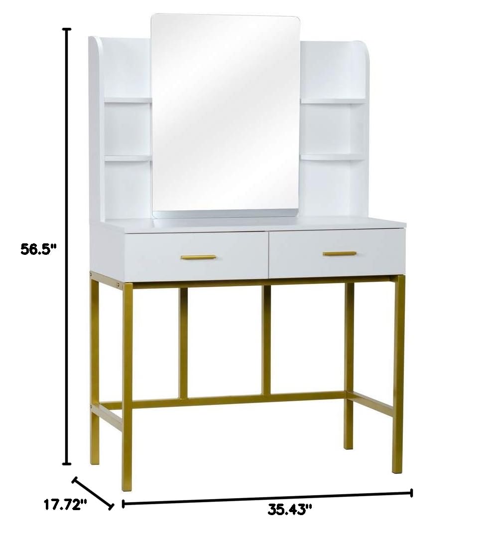 GBB White Steel Frame Vanity Table with Desktop Mirror, 2 Drawers & Stool - Elegant Dressing Table for Bedroom, Hair Salon & Makeup Studio | Perfect for Home Decor, Professional Styling & Beauty Studios