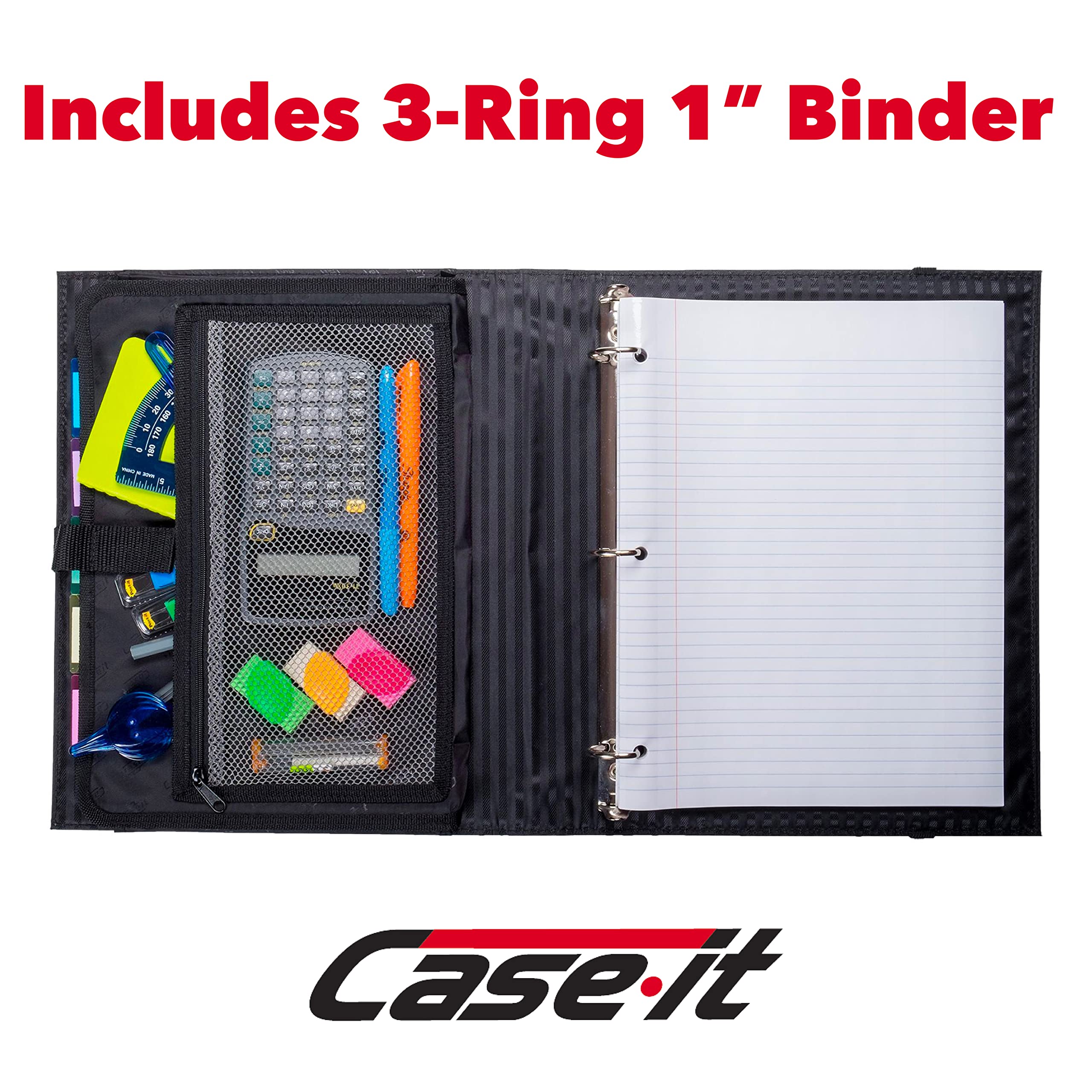 Case-it Pro Padfolio Portfolio Binder - 1 Inch D-Ring Binder with 5-Tab Expanding File Folder & Multiple Pockets - Black (LL-PRO-243) - Perfect for Business Meetings, Presentations & Organization