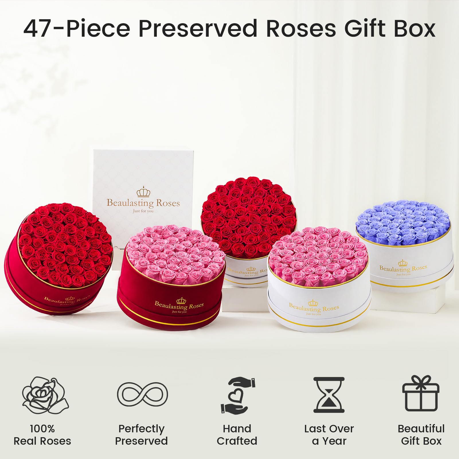47 Piece Preserved Roses in a Box - Eternal Fresh Red Roses for Mother's Day, Birthday, Valentine's Gift for Women, Wife, Mom | Home Decor, Wedding Centerpiece, Romantic Surprise