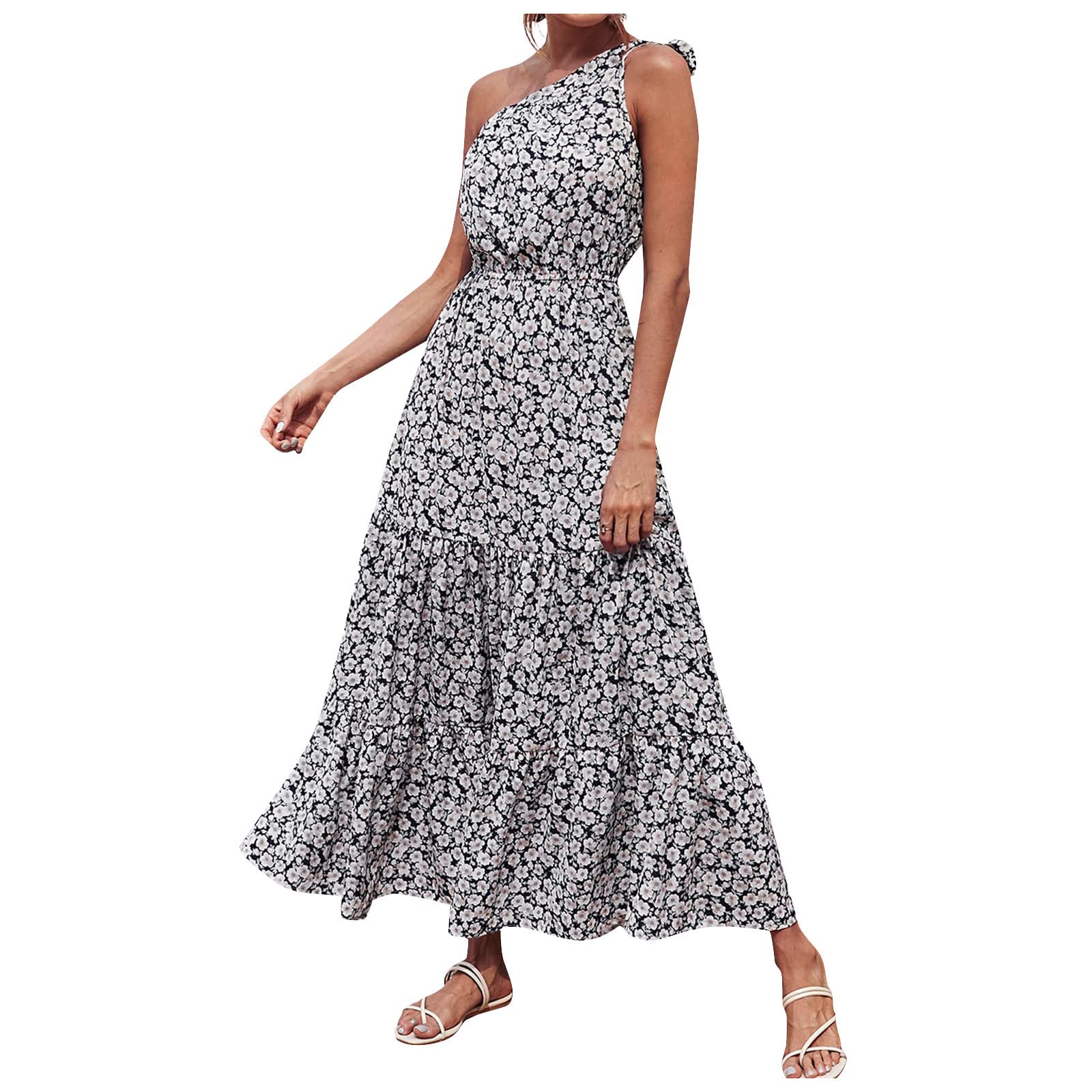 Elegant One Shoulder Floral Maxi Dress for Women - High Waist Sleeveless Ruched Party & Beach Holiday Long Skirt | Perfect for Summer Vacations, Weddings & Cocktail Parties