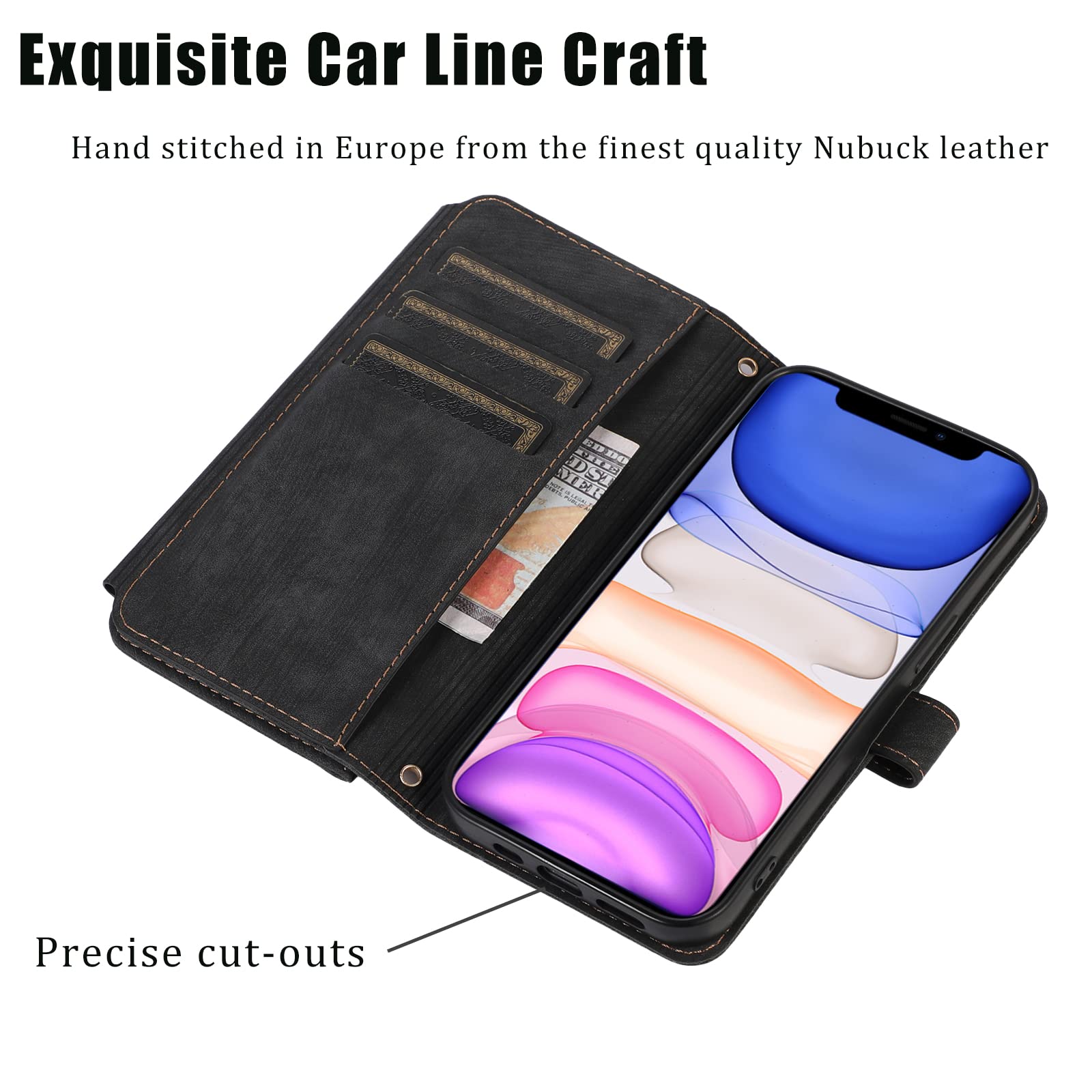 Premium Zipper Leather Wallet Case for iPhone 13 (6.1 Inch) with Wrist Strap - RFID Blocking Flip Cover Phone Case for Women & Men - Perfect for Travel, Shopping & Everyday Use (Black)