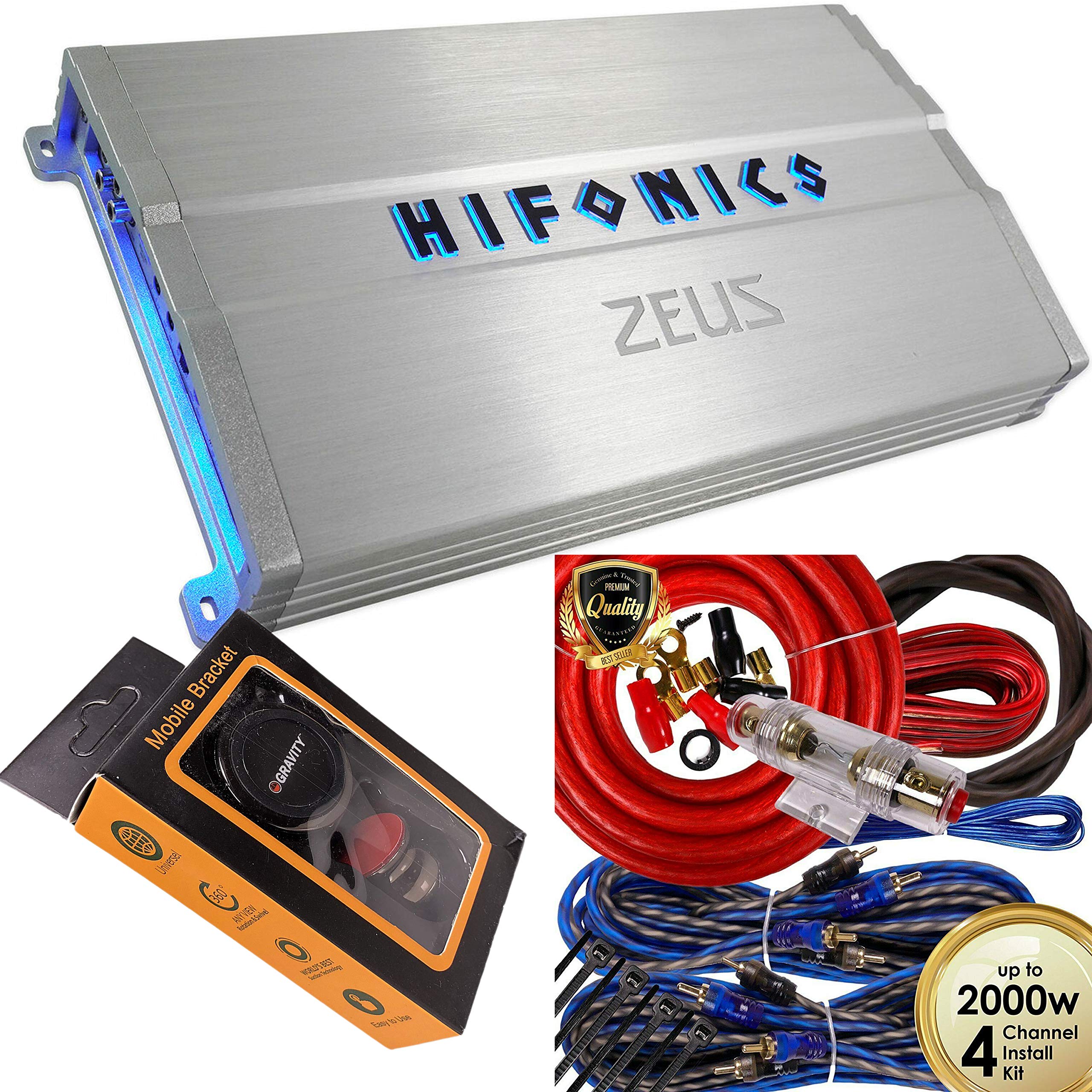 Hifonics ZG-1200.4 Zeus Gamma 1200W 4-Channel Car Amplifier - Class A/B Stereo Amp with 4-Gauge Wiring Kit & Magnetic Phone Holder - Perfect for Car Audio Upgrades, Bass Boost, and Hands-Free Navigation