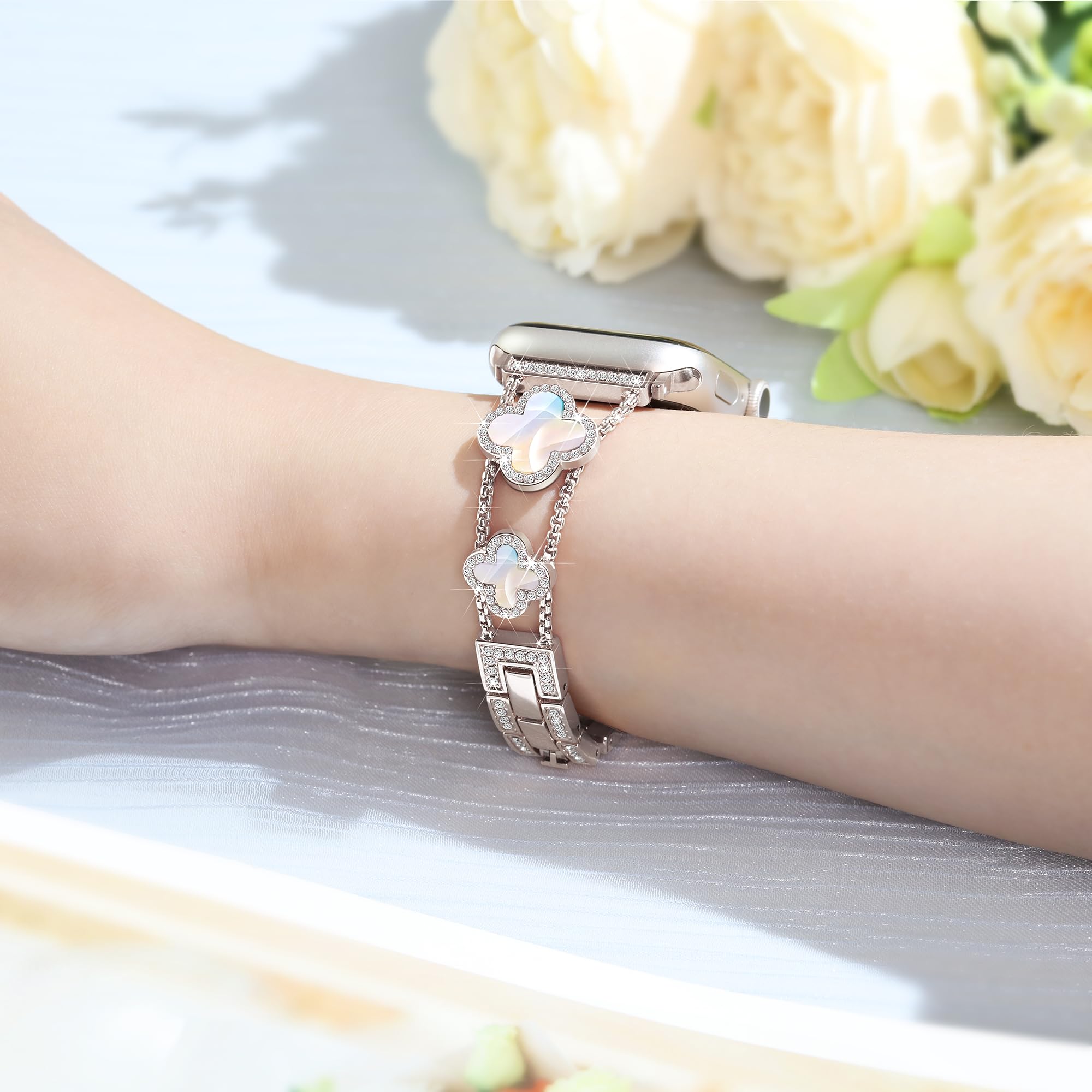 Wipalor Four-Leaf Clover Apple Watch Band 42mm 41mm 40mm 38mm - Lightweight Adjustable Bracelet for Women, Shiny Diamond Jewelry Metal Strap Compatible with iWatch Series 10/9/8/7/6/5/4/3/SE (Starlight) - Perfect for Work, Parties & Everyday Wear