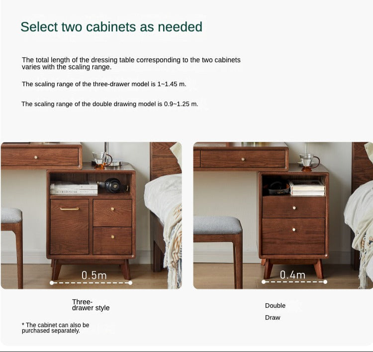 Solid Oak Wood Extendable Dressing Table - Walnut Finish | Elegant Vanity Desk for Bedroom, Makeup Station & Home Decor