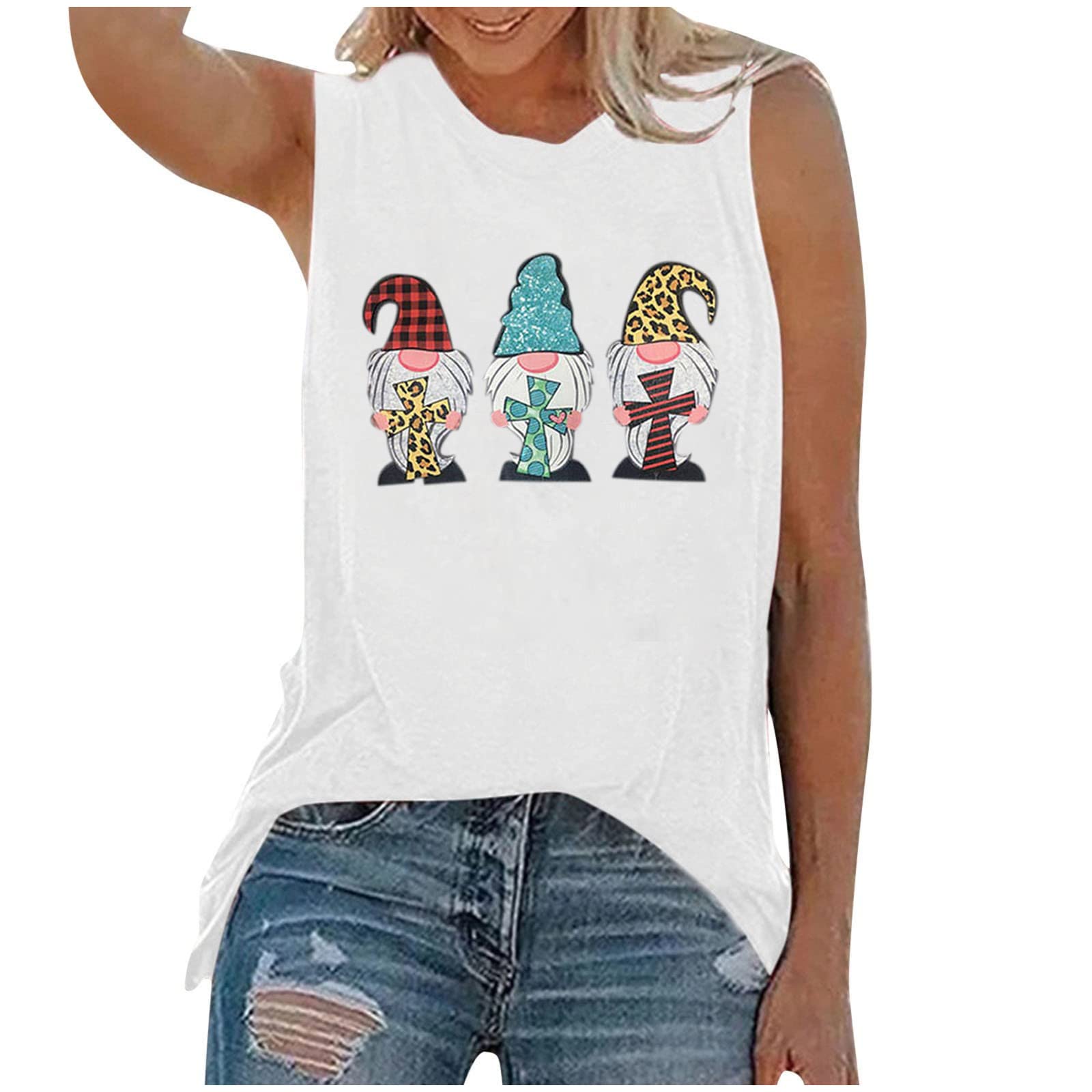 Women's Cute Gnome Print Tank Top - Easter Day Graphic Tee - Plus Size Sleeveless Summer Blouse - Casual Crewneck T-Shirt for Women - Perfect for Easter Celebrations, Summer Outings & Casual Wear