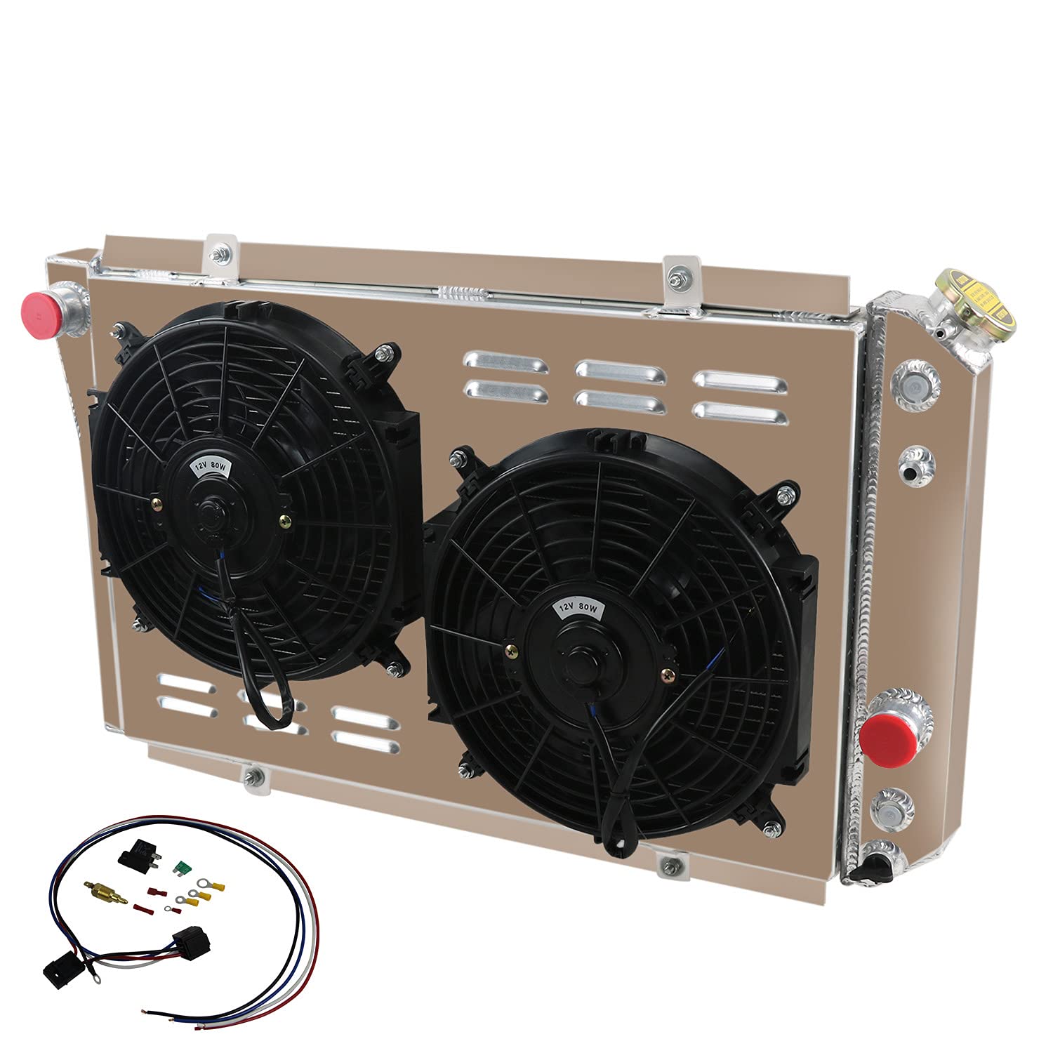 ECMRAD 4 Row Aluminum Radiator for 1982-2002 Chevrolet S10/S-10 Blazer V8 Conversion & 1984-1990 Chevy Corvette 5.7L V8 - Includes Shroud Fans Relay Kit - High Performance Cooling Upgrade for Off-Road, Racing & Daily Driving