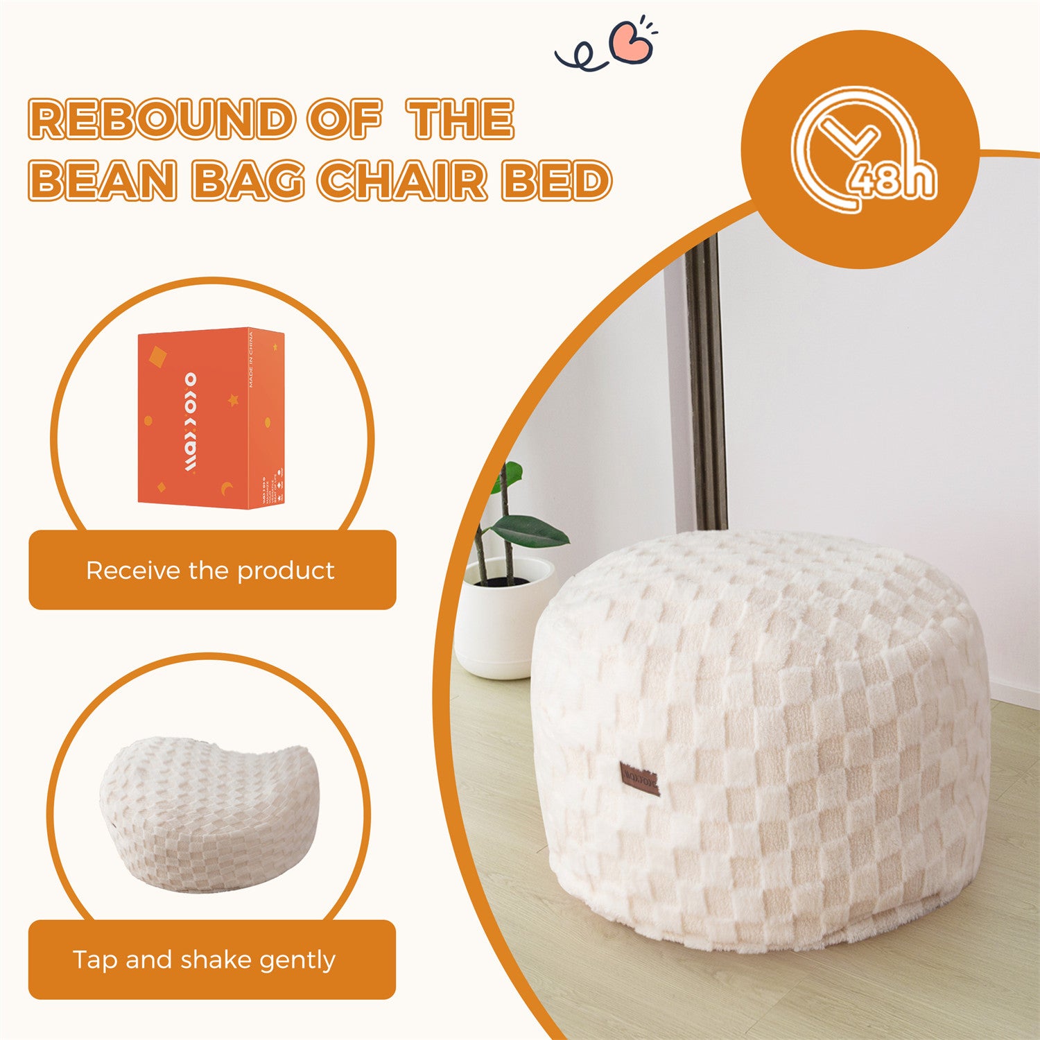 MAXYOYO Kids Bean Bag Bed - Convertible Bean Bag Chair to Bed with Soft Jacquard Shaggy Plush & Removable Plaid Beige Cover | Perfect for Kids' Room, Playroom & Sleepovers