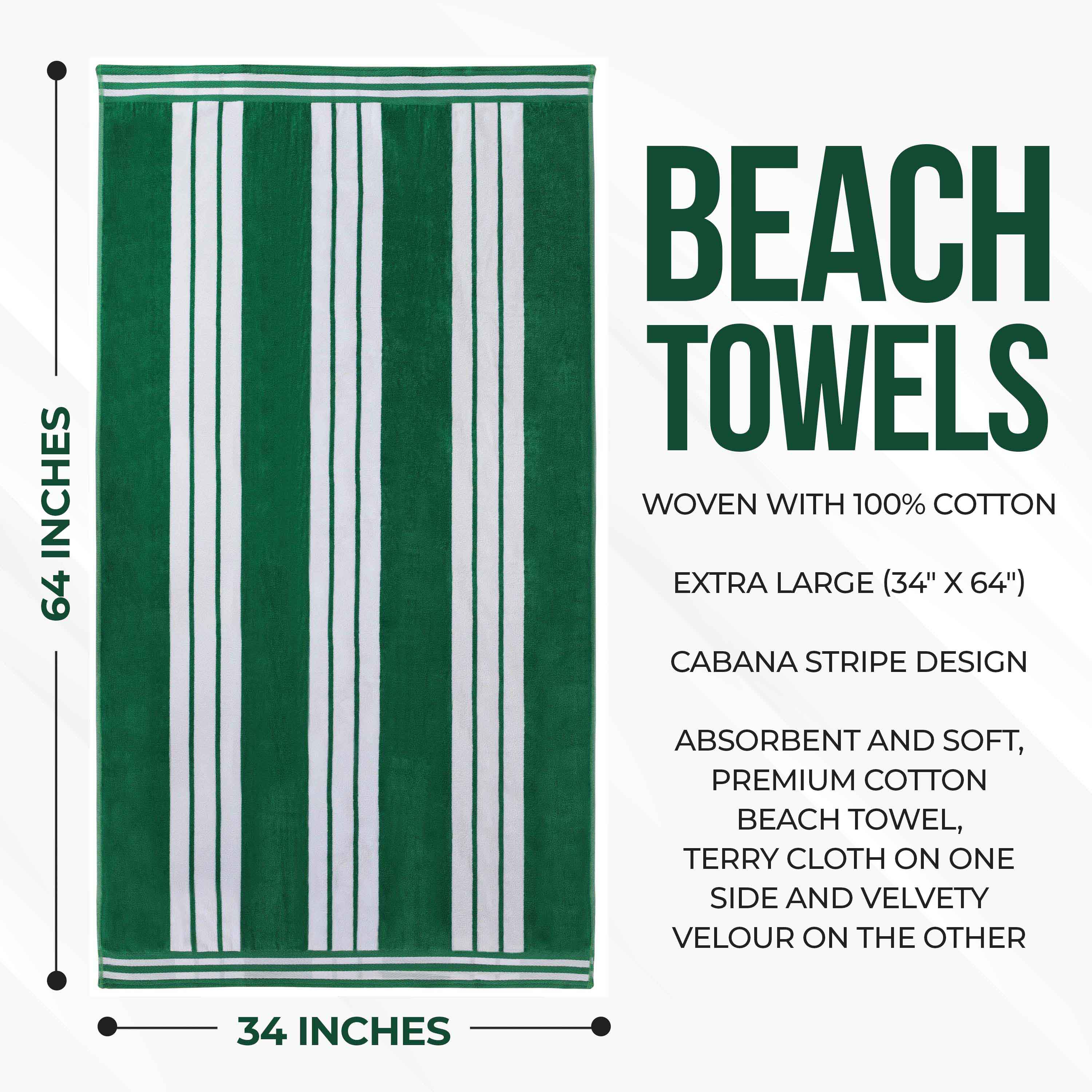 Premium Cabana Stripe Oversized Cotton Beach Towel Set (2/4/6 Pack) - Soft Quick-Dry Bath Towels for Pool, Beach, Yoga & Travel