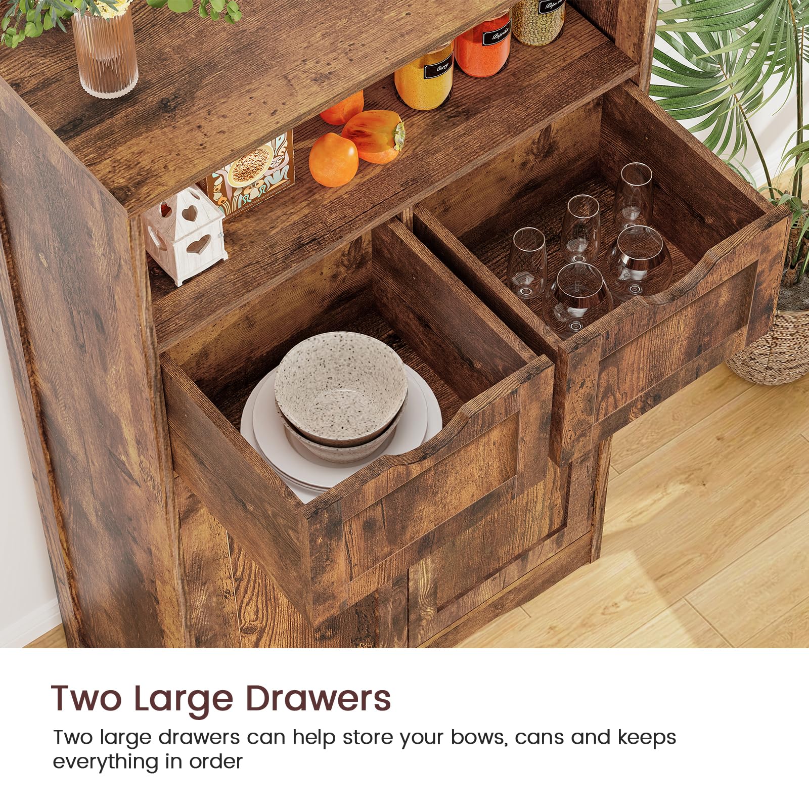 Iwell 2-Drawer Storage Cabinet with Adjustable Shelves, Rustic Brown Cupboard for Living Room, Home Office - Organize Clothes, Books & Home Essentials