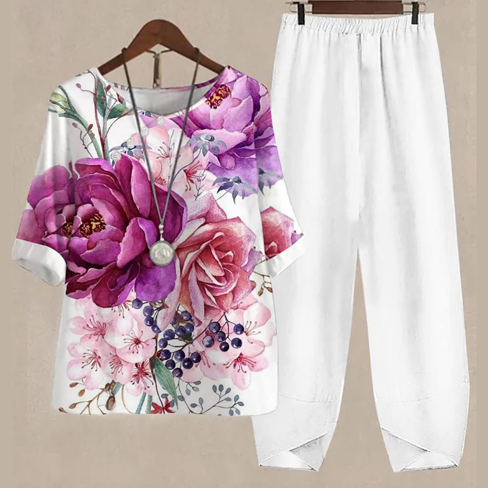 Women's Summer Linen Outfits - 2 Piece Lounge Set with Half Sleeve T-Shirt & Cotton Linen Pants - Plus Size Vacation Wear for Beach, Travel & Casual Comfort