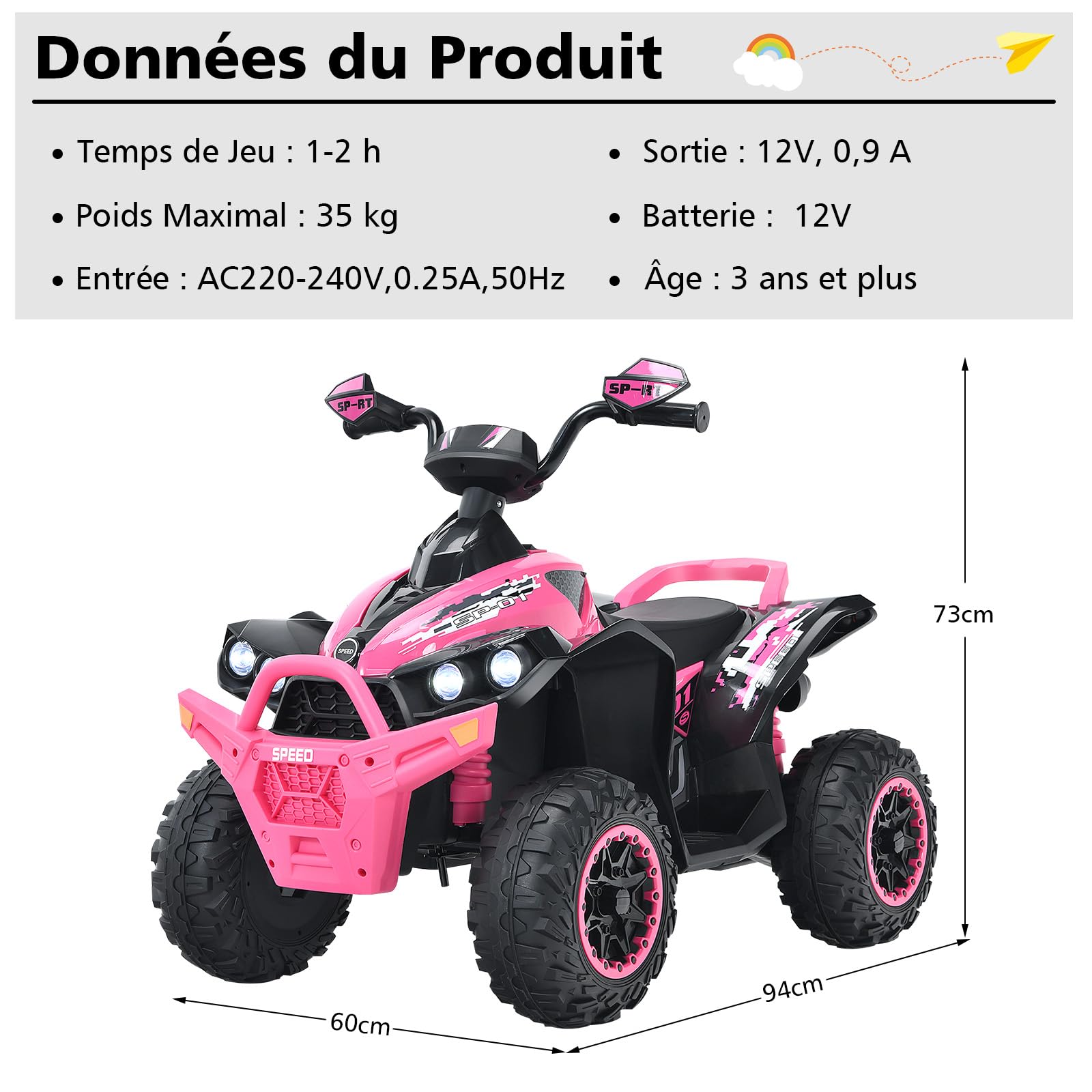 DREAMADE 12V Kids Electric ATV Quad Bike - Adjustable Speed, Forward/Reverse, LED Lights, Music, Horn & Pedal - 35kg Capacity Pink Ride-On Car for Boys & Girls - Perfect for Backyard Play, Birthday Gifts & Outdoor Adventures