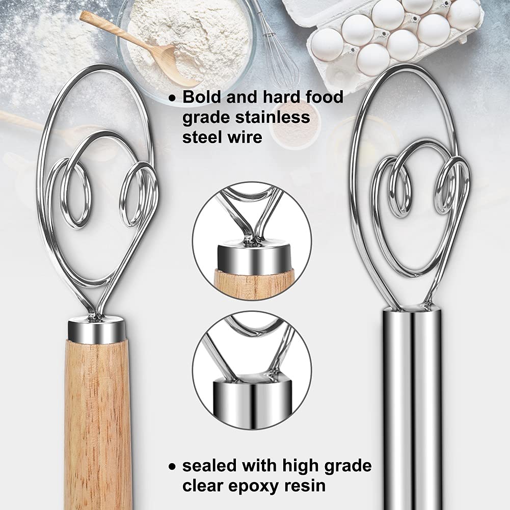 Premium 2-Pack Danish Dough Whisks Set - Stainless Steel & Wooden Handle Dough Mixers with 2 Dough Scrapers (13x3.4 Inch) - Perfect for Baking Bread, Cookies, Pastries & Pizza Dough - Silver Kitchen Tools for Home Bakers & Professional Chefs