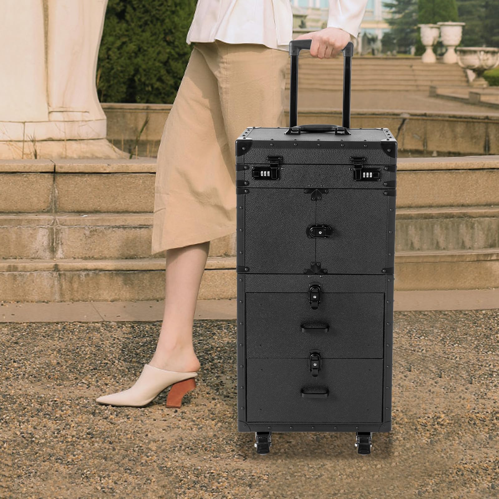Lockable Rolling Makeup Train Case - 44.09 lbs Professional Cosmetology Trolley with Universal Wheels for Hair Stylists & Makeup Artists | Beauty Salon Cosmetic Storage & Mobile Hairdressing Station (Black) - Perfect for Salon Professionals, Traveling Artists & On-the-Go Beauty Services