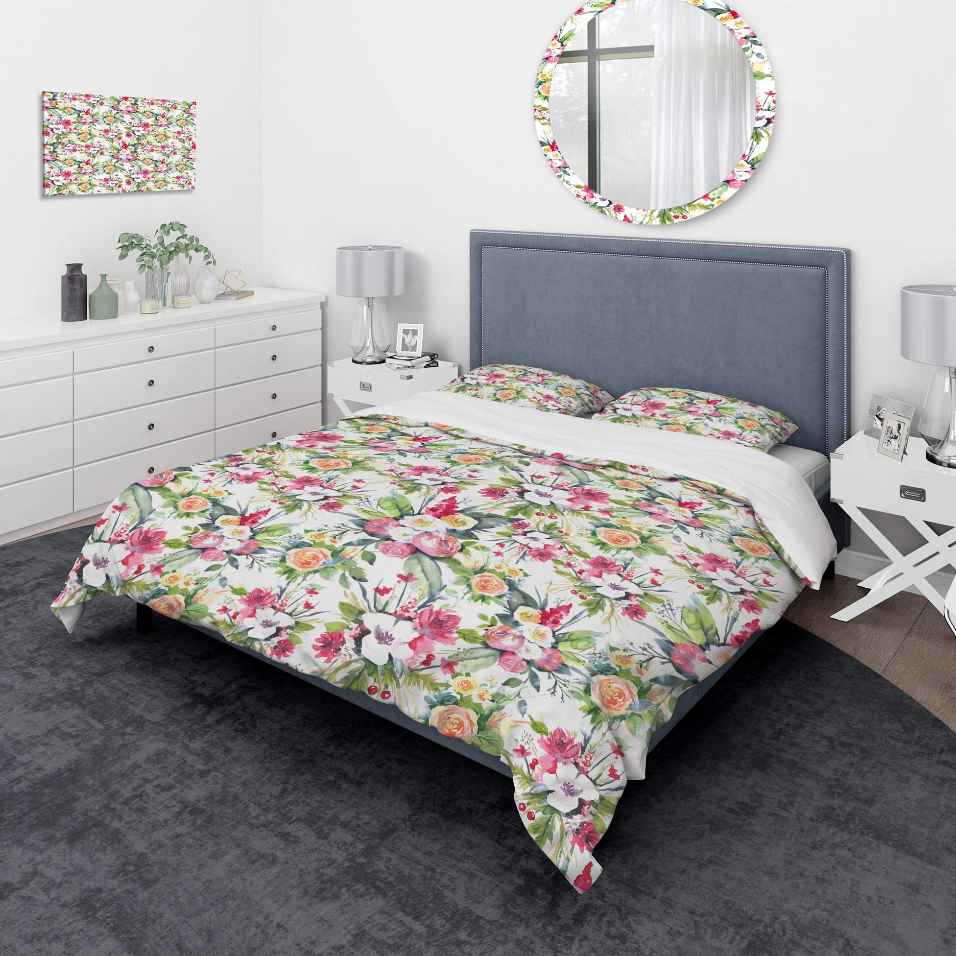 DesignQ Summer Wedding Floral Duvet Cover Set - Red, White & Yellow Nautical Coastal King Size (3-Piece) | All-Season Beach-Themed Bedding for Guest Rooms, Vacation Homes & Coastal Decor