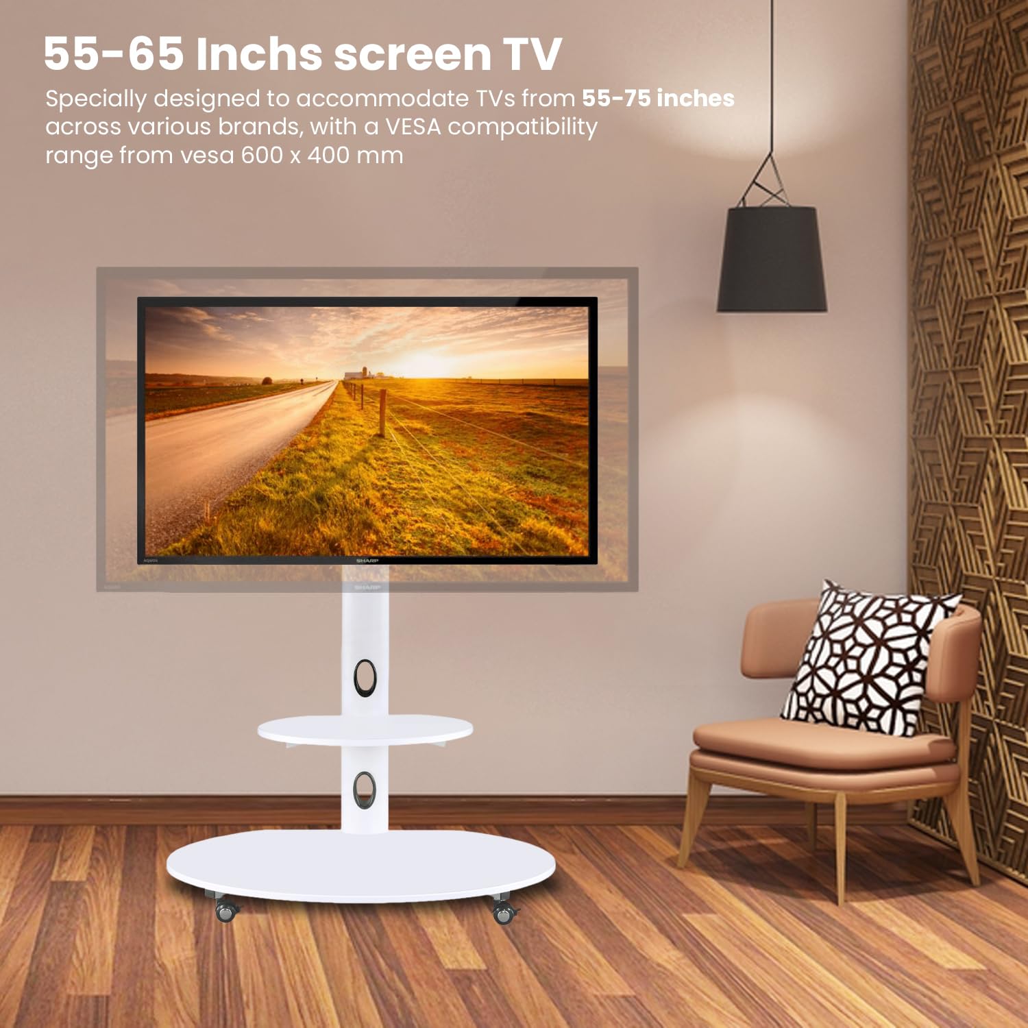 Adjustable Height Wooden & Metal Mobile TV Stand with Wheels for 65 Inch LED/Smart TV - White Oval Trolley TV Unit for Living Room, Bedroom & Home Theater
