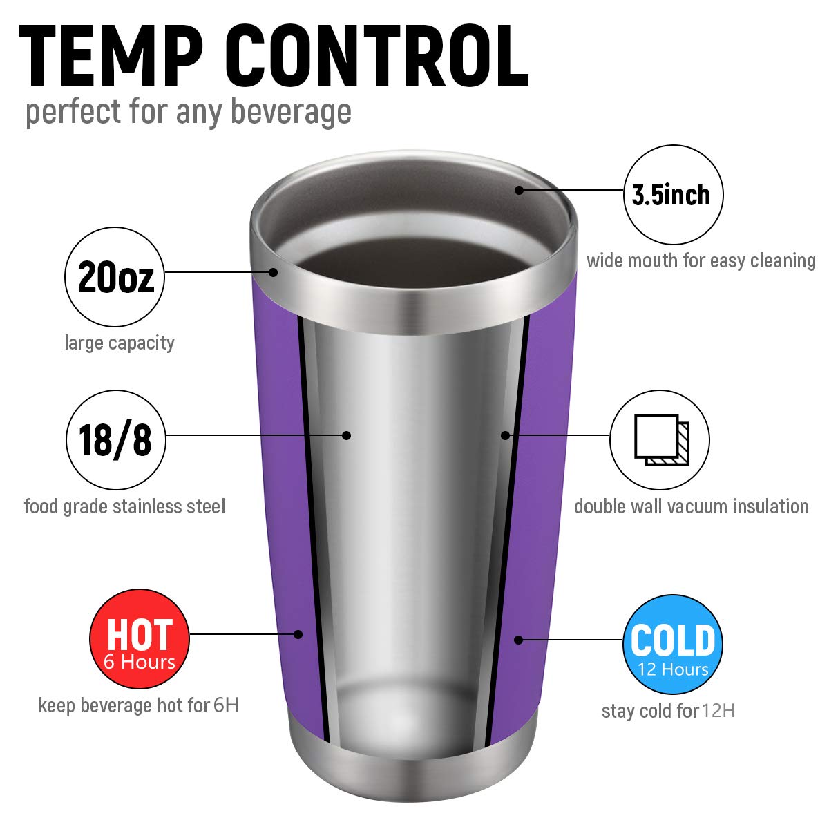 COMOOO 20oz Double Wall Vacuum Insulated Stainless Steel Travel Mug with Lid & Straw - Powder Coated Durable Tumbler for Hot & Cold Drinks (4 Pack, Purple) - Perfect for Office, Camping, Gym & Daily Commute