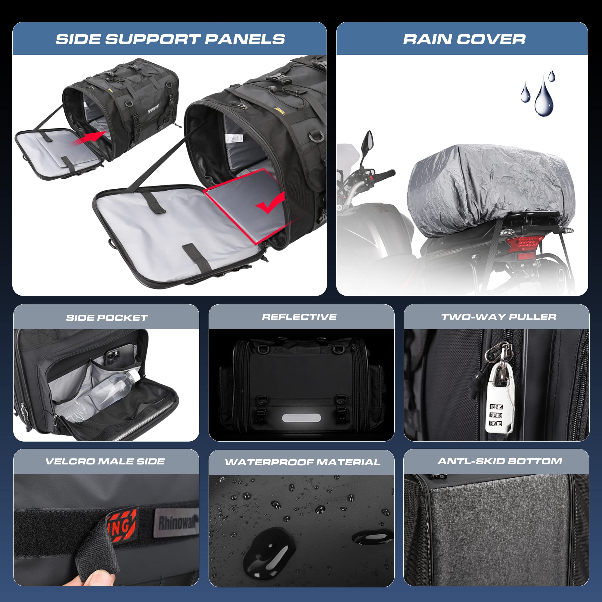 HUNTVP 40-60L Motorcycle Seat Bag - Waterproof Motorcycle Tail Bag with Rain Cover, Shoulder Strap & Adjustable Straps - Durable Travel Luggage for Motorbike, Rear Tack Storage - Perfect for Commuting, Road Trips & Adventure Riding (Black)