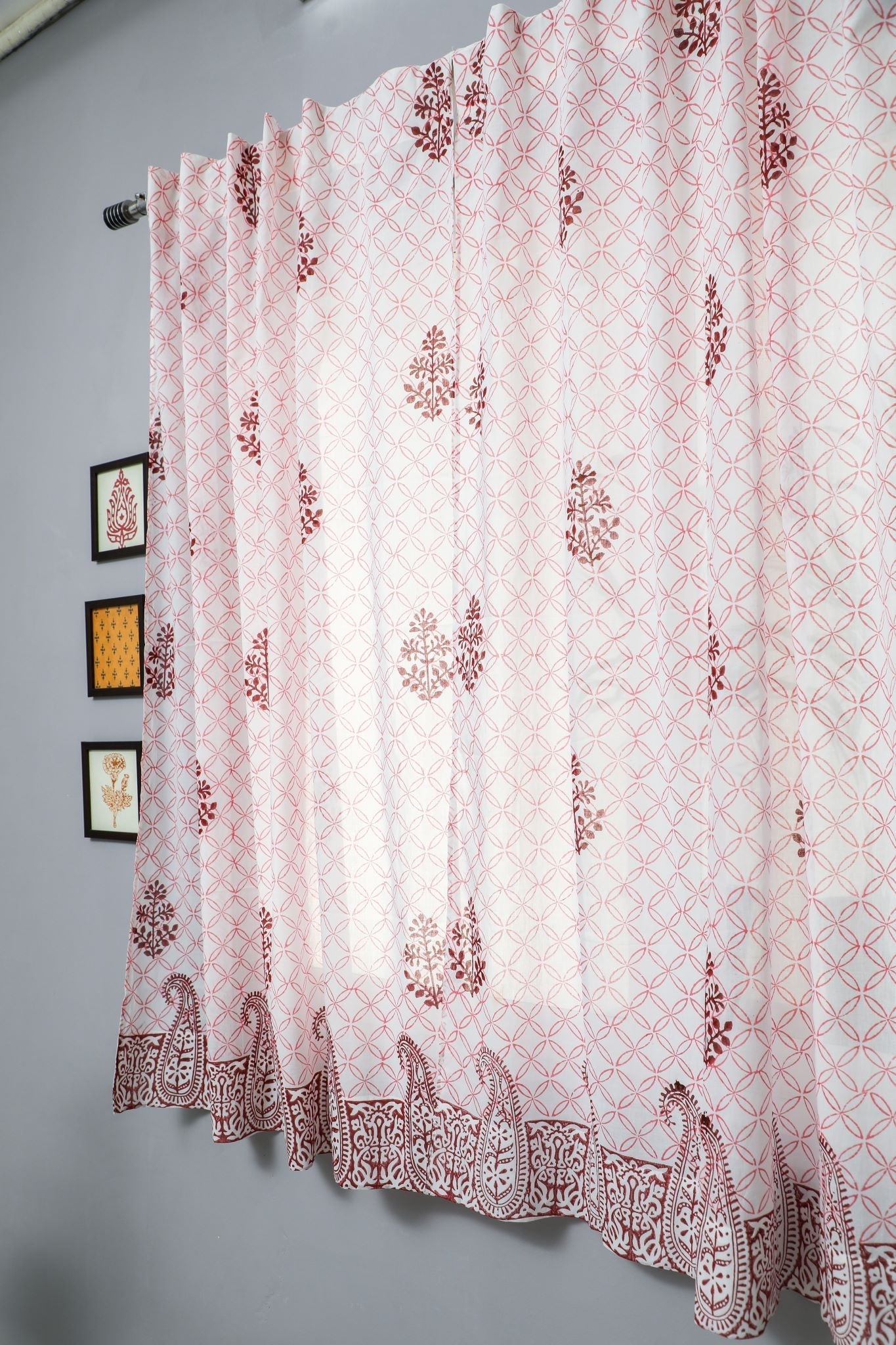 Handblock Printed Cotton Window Curtains - Traditional Red Bangles Design by Bunz's | Elegant Home Decor for Living Room & Bedroom
