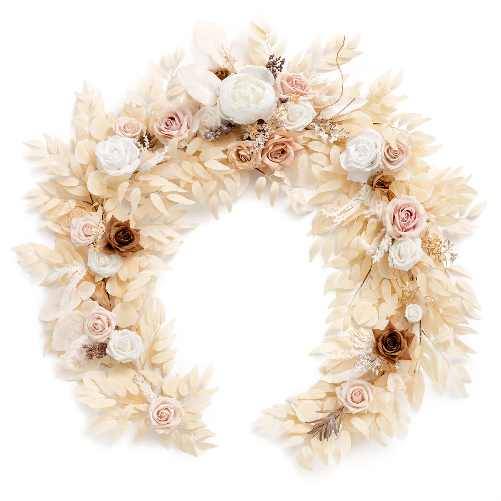 Ling's Moment 6FT Eucalyptus Garland with Flowers - Handcrafted Wedding Table Runner, Bridal Shower & Rehearsal Dinner Centerpiece Decor | Beige | Perfect for Boho Weddings, Rustic Home Decor & Special Events