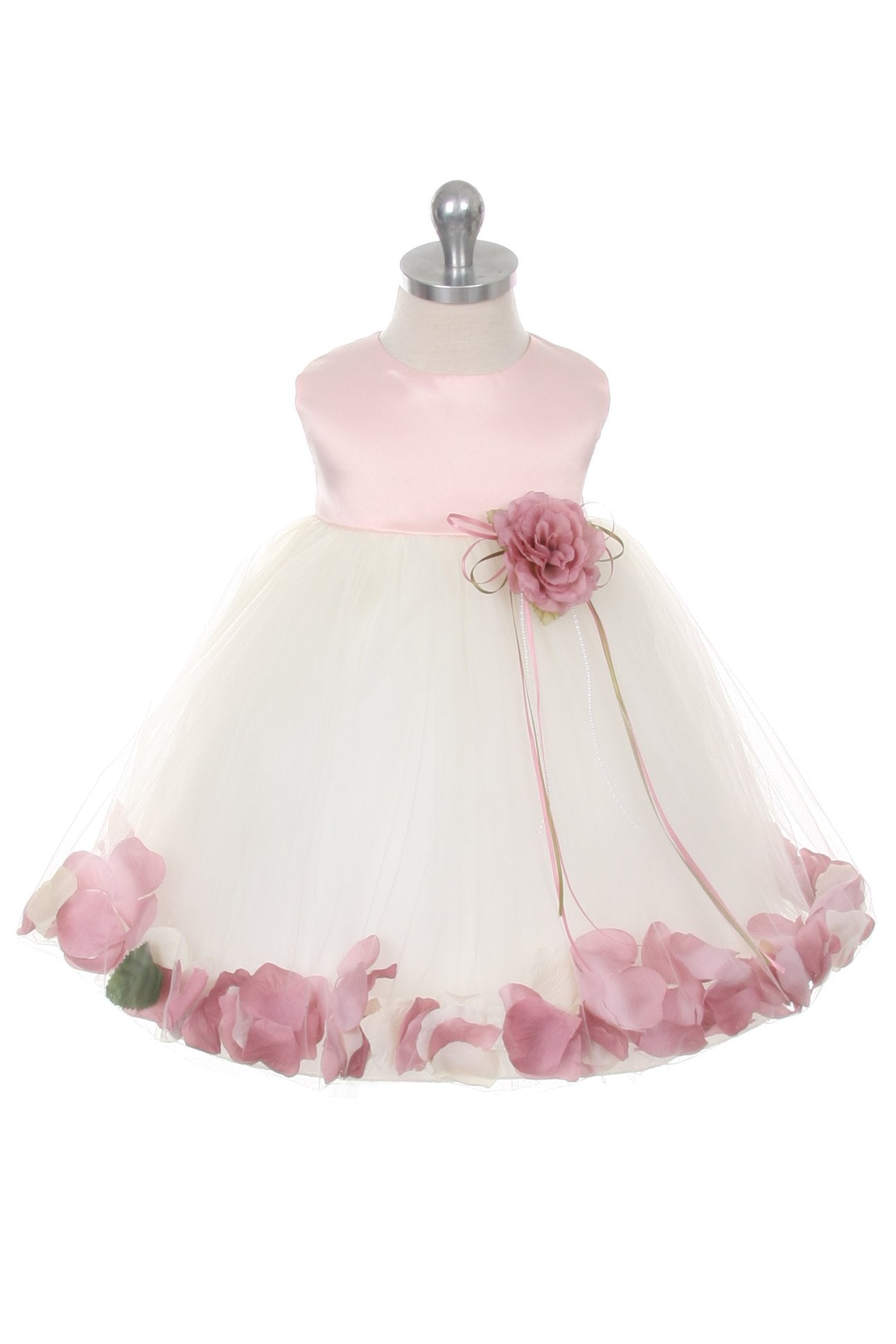 Elegant Dusty Rose Satin Flower Petal Baby Dress for Girls - Perfect for Christening, Photoshoots & Special Occasions